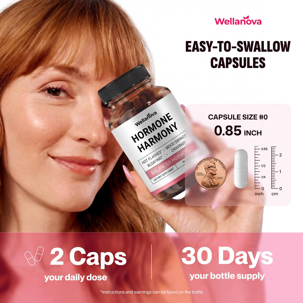 Wellanova Hormone Harmony for Women – Natural Hormonal Balance Support for Menopause & Perimenopause – Hot Flashes, Mood Swings, Cravings, Bloating Relief – 60 Capsules