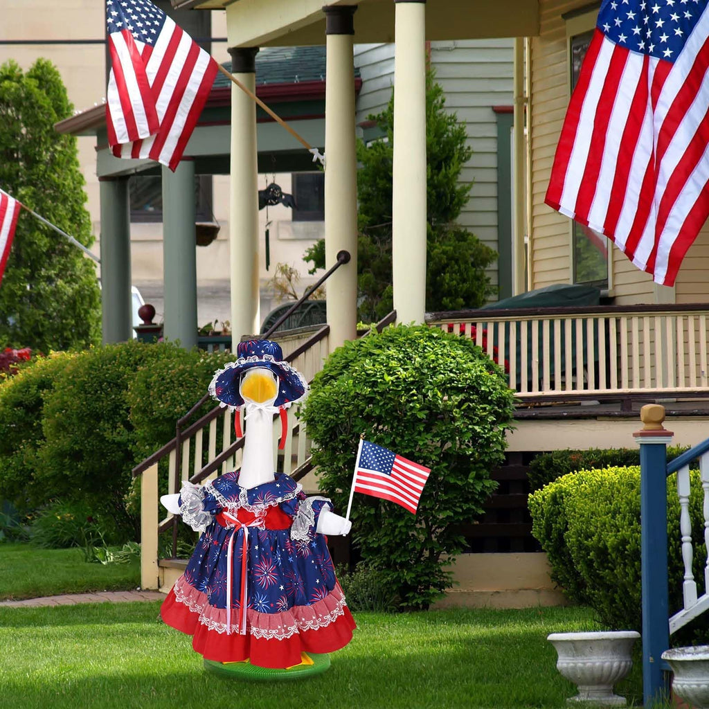 4th of July Porch Goose Outfits Lawn Goose Patriotic Lolita Dress Outfit for 23" Cement Plastic Geese Statue USA 250th Geese Star Firework Clothing Anniversary Outdoor Patio Lawn Garden Decoration