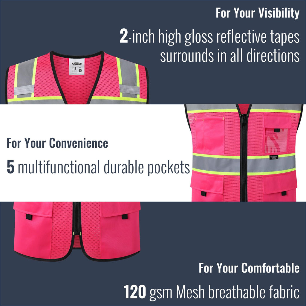 JKSafety Safety Vest for Men Women Hi Vis Relfective Vest with Pockets High Visibility Meet ANSI Standard Pink Color with Extended Yellow Strips (BX331-Pink XL)