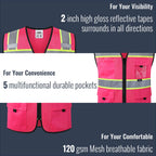 JKSafety Safety Vest for Men Women Hi Vis Relfective Vest with Pockets High Visibility Meet ANSI Standard Pink Color with Extended Yellow Strips (BX331-Pink XL)