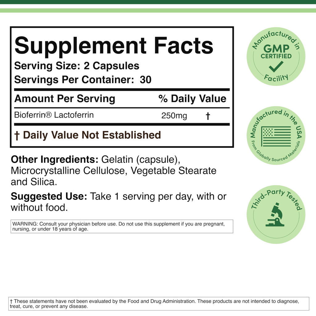 Lactoferrin 250mg per Serving (60 Capsules) Patented Bioferrin Lactoferrin - Superior Iron Supplement for Iron Deficiency and Immune Support by Double Wood Supplements