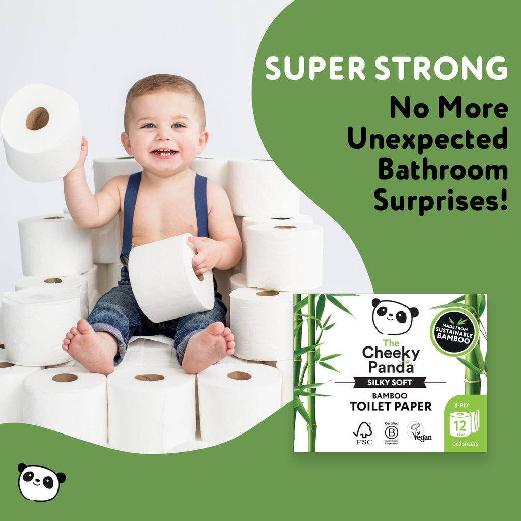 The Cheeky Panda Bamboo Toilet Paper Bulk | 12 Family Sized Rolls with 360 Soft Sheets Each (4320 Sheets) | Super Strong 3 Ply Biodegradable Toilet Paper