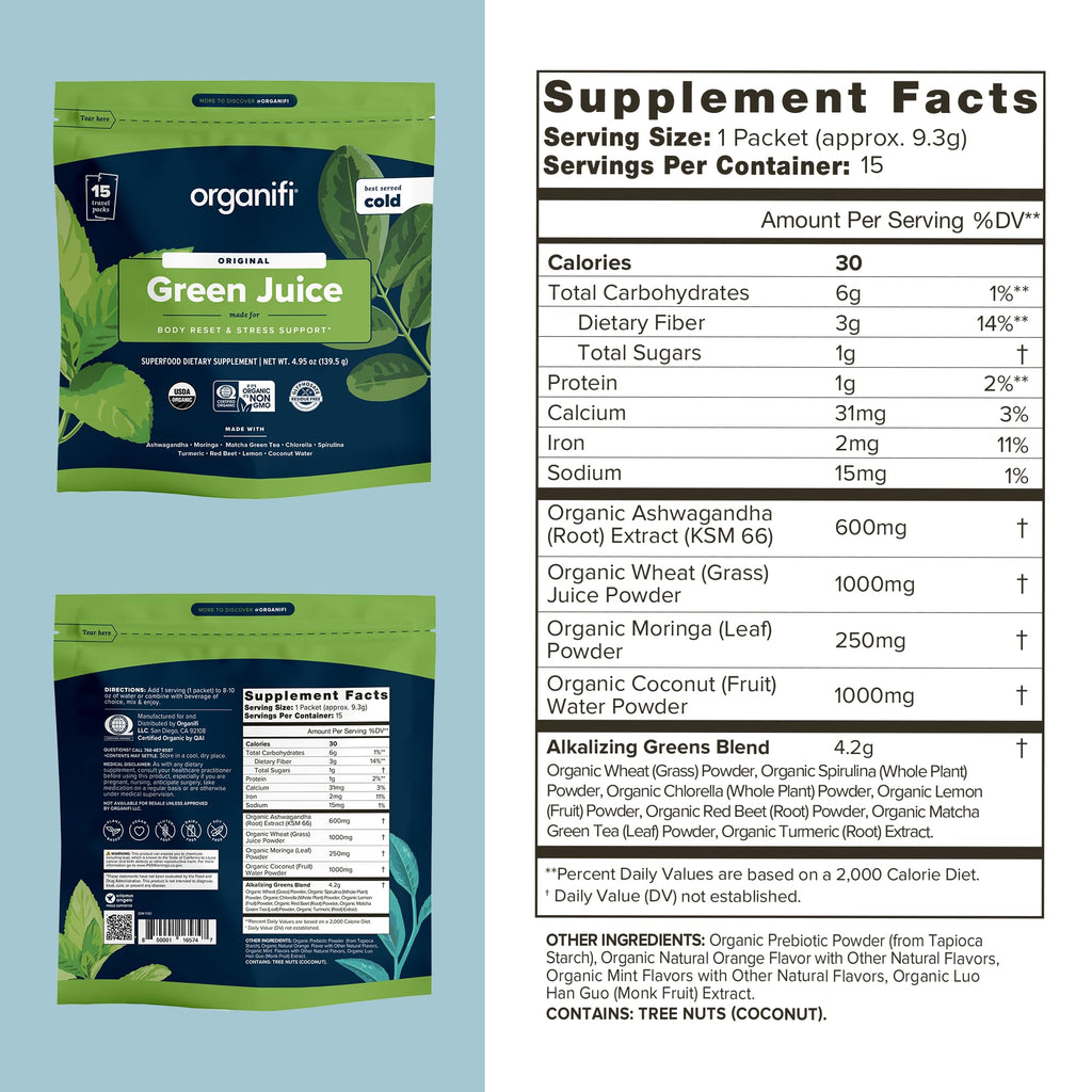 Organifi: GO Packs - Green Juice - Organic Superfood Supplement Powder - 15 Travel Packs - Organic Vegan Greens - Hydrates and Revitalizes
