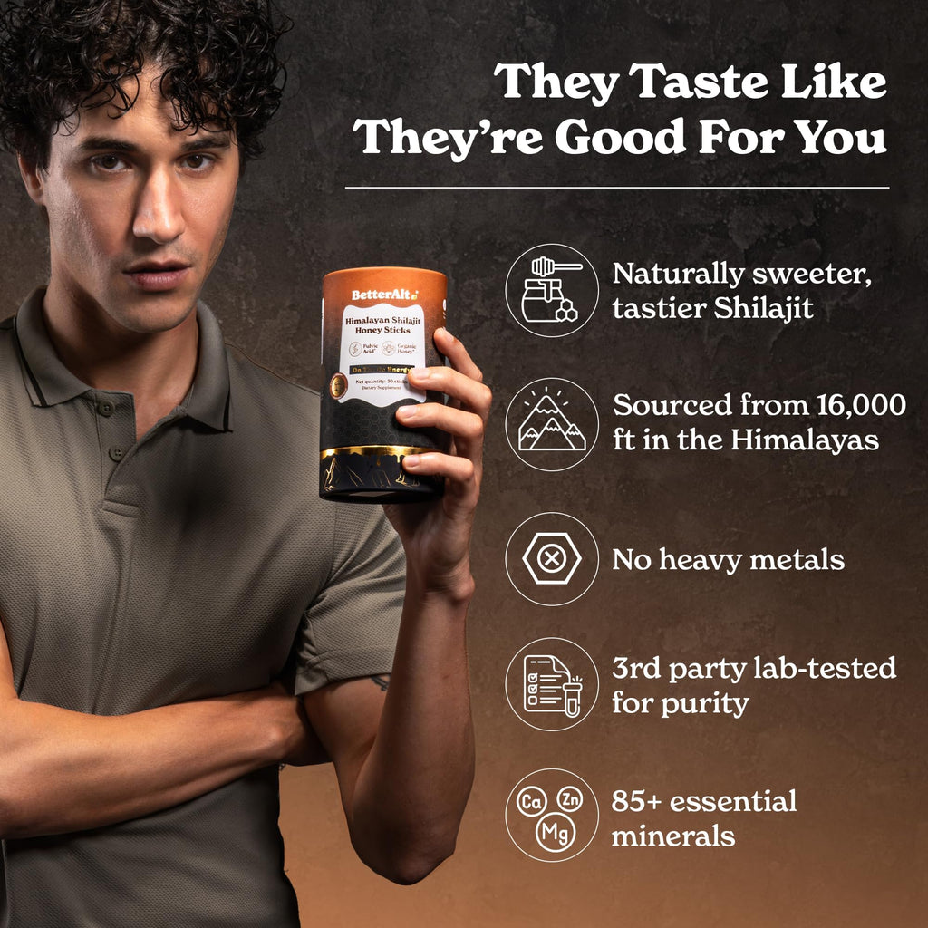 Better Alt Pure Himalayan Shilajit Caramel Honey Sticks with Organic Honey| Easy to Consume Shilajit| 30 Sticks for Energy Boost & Immune Support, 85+ Trace Minerals, 75%+ Fulvic Acid