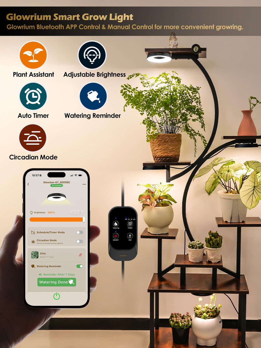 GLOWRIUM Smart Full Spectrum LED Grow Light for Indoor Plants (Black 2PCS)