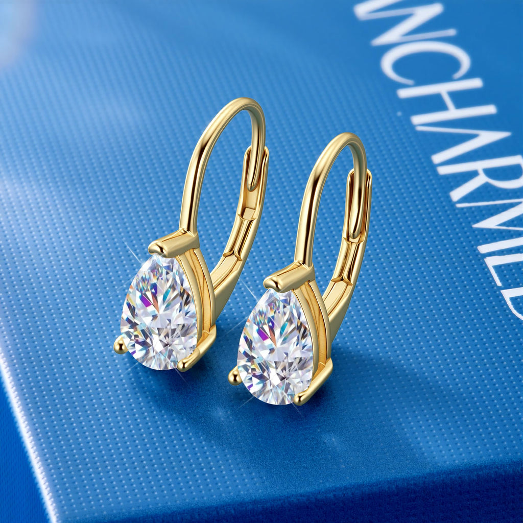 2.0ct Gold Teardrop Moissanite Diamond Earrings for Women with Leverback