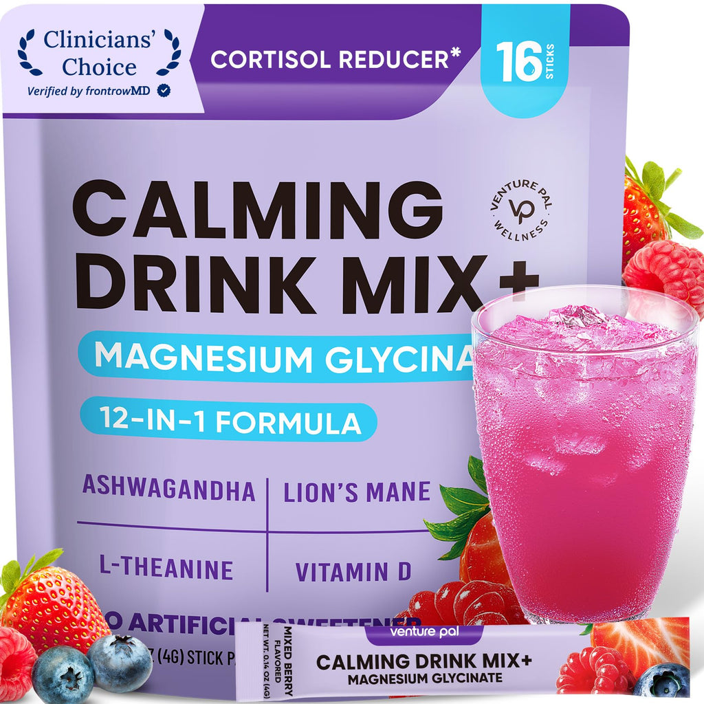 Venture Pal Calm Drink Mix, 12-in-1 Cortisol Reducer and Sleep Aid with Magnesium Glycinate, Ashwagandha, L-Theanine,Vitamin D, Calm Magnesium Powder for Relax & Focus, No Sugar, Non GMO