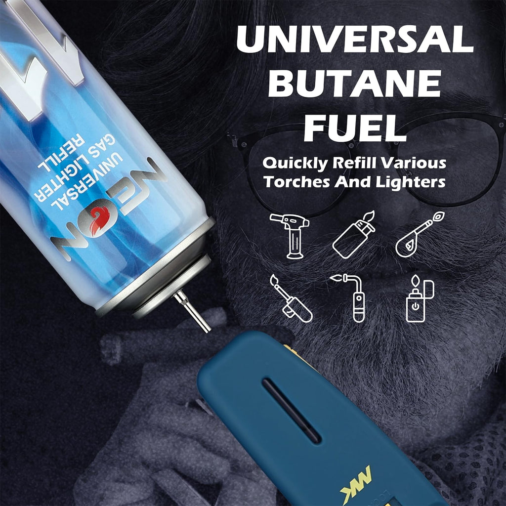 NEON Butane Refill, 11X Ultra-Refined Butane Fuel, 300ml Premium Lighter Fluid with Metal Nozzle & 5 Butane Gas Refill Adapters for Refillable Jet Flame Lighters, Torches, and Culinary Use, 4 Cans