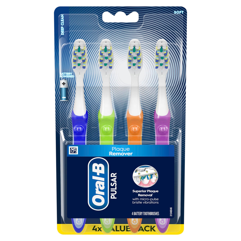 Oral-B Toothbrush, Vibrating Plaque Remover Pulsar, Vibrating Battery Toothbrush, Soft, 4 Count