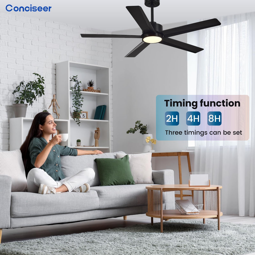 Conciseer Modern Ceiling Fans with Lights,52 Inch Ceiling Fans with Remote for Bedroom Living Room Kitchen, 18W 6CCT Dimmable，5 Blades 6 Speed Reversible Quiet DC Motor Black