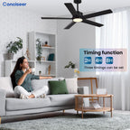 Conciseer Modern Ceiling Fans with Lights,52 Inch Ceiling Fans with Remote for Bedroom Living Room Kitchen, 18W 6CCT Dimmable，5 Blades 6 Speed Reversible Quiet DC Motor Black