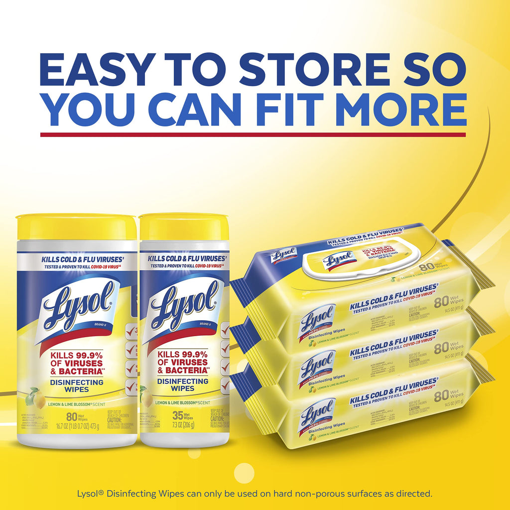 Lysol Disinfectant Handi-Pack Wipes, Multi-Surface Antibacterial Cleaning Wipes, for Disinfecting and Cleaning, Lemon and Lime Blossom, 480 Count (Pack of 6)