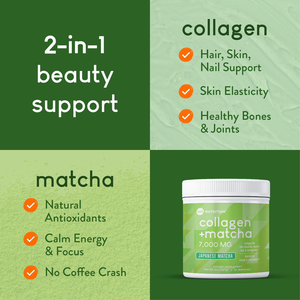 360 Nutrition Matcha Hydrolyzed Collagen Peptides Powder, Japanese Matcha Green Tea for Gut Health, Joint Support, Energy, Hair Skin & Nails, Gluten Free, Keto Friendly, Paleo, Non GMO (8oz (2 Count))