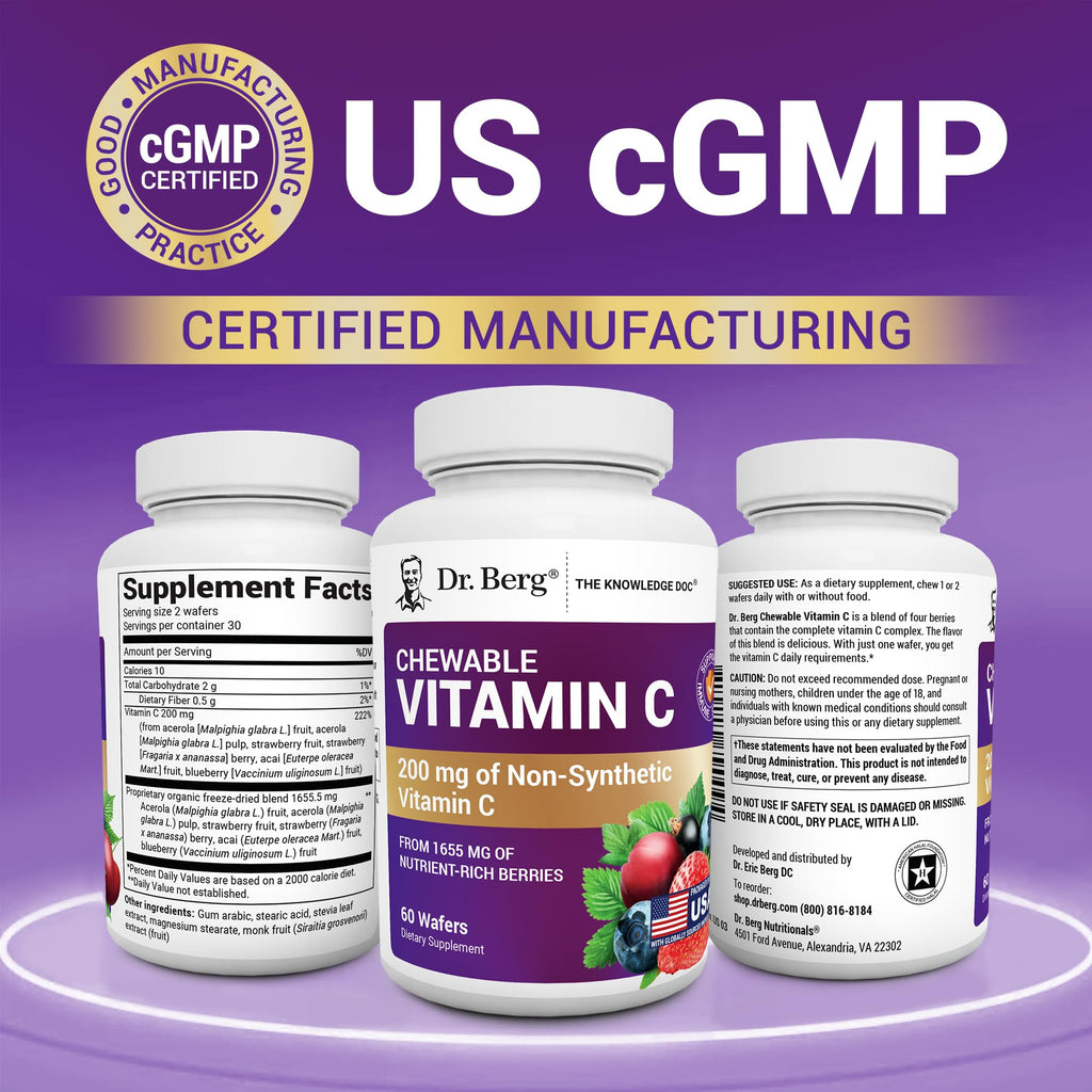 Dr. Berg Chewable Vitamin C Complex - Made with Organic, Non-GMO Berries - 60 Delicious Wafers