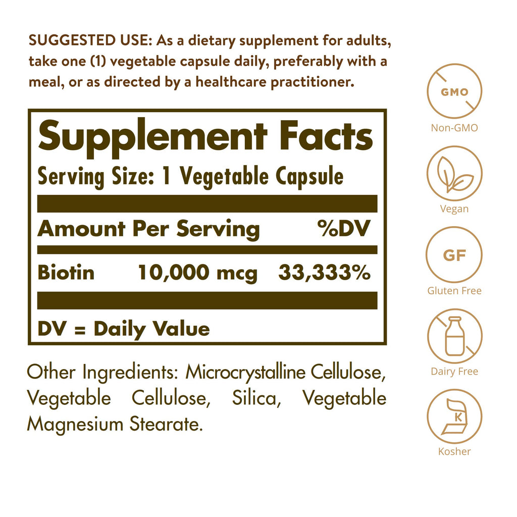 Solgar Biotin 10000 mcg Vegetable Capsules Energy Metabolism Promotes Healthy Skin Nails Hair Super High Potency NonGMO Vegan Gluten Free Dairy Free Kosher Servings, Standard Packaging, Unflavored, 120 Count