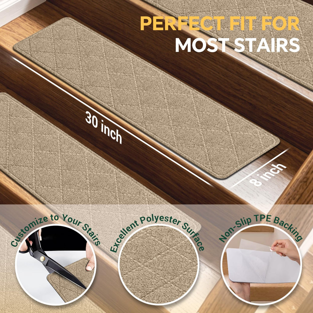 TranquilMoments Stair Treads Non-Slip for Wooden Steps, 4Pack - 8" x 30" Edging Stair Runner Indoor for Kids Elders & Pets, Washable Carpet Stair Treads with Peel & Stick Reusable TPE Backing, Beige
