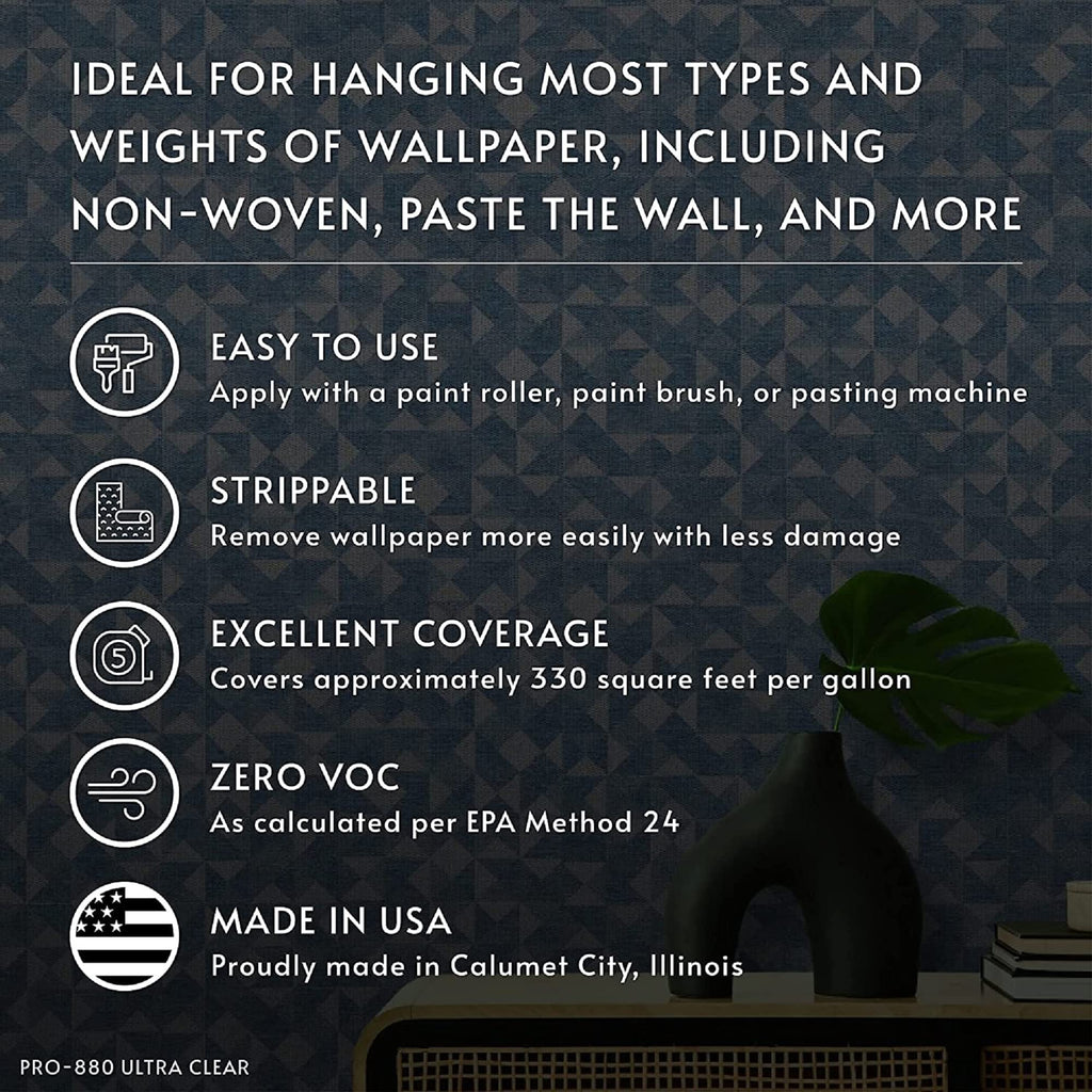 Roman PRO-880 Wallpaper Adhesive & Paste for Any Wallcovering - Ultra Clear Strippable, 1 Gallon(330 sq. ft)