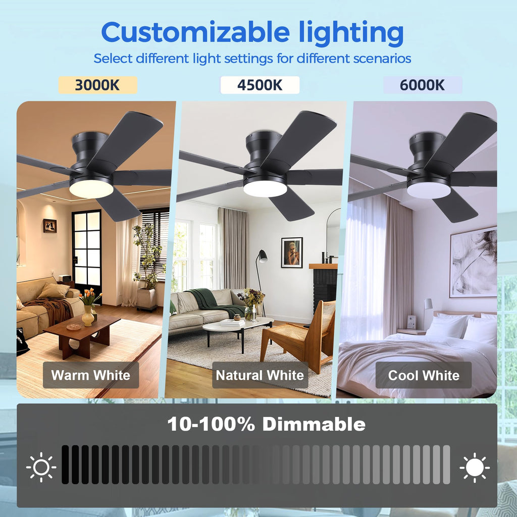 Ayaoty 52" Black Ceiling Fans with Lights and Remote - Flush Mount Fan Light with 5 Reversible Blades, 3CCT Dimmable, DC, Low Profile Ceiling Fan for Modern Indoor, Covered Outdoor