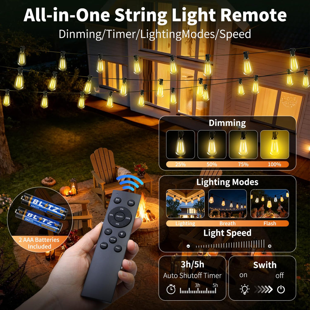 FUANXIEI Solar Lights Outdoor Waterproof: ST38 100FT 30M Shatterproof Bulbs Patio Lights - Solar Powered & USB Charging- Remote Control 3 Light Modes Dimmable Solar Light - Camping Backyard Garden