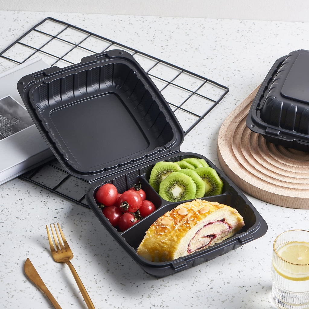 8X8" 3-Compartment 50-Pack Plastic Clamshell Takeout Food Trays Heavy Duty Togo Disposable Box For Pasta Salad Sandwich Carryout Meal Prep Packaging Catering Hinged Containers With Secure Snap Lid
