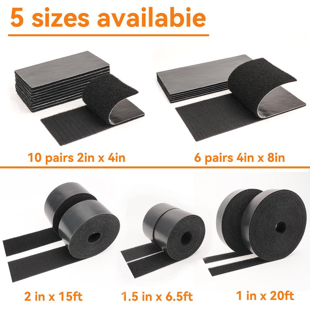 2x4 inch Strong Adhesive Hook and Loop Tape - Sticky-Backed Adhesive Fasteners, Suitable for Home Organization, Carpet Fixation, Sofa Cushion Fixation and DIY Crafts (Black, 2 in x 4 in, 10 Pairs)