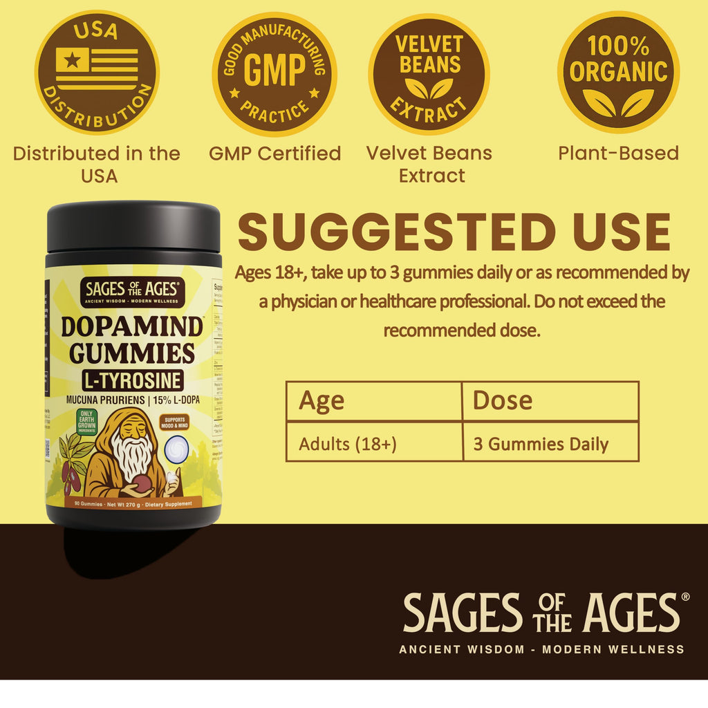 Sages Of The Ages L-Tyrosine Gummies 1000mg – Amino Acid Supplement with Mucuna Pruriens, B Vitamins & Rhodiola – Blueberry Flavor – 90 Gummies