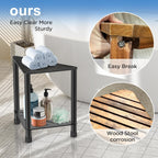 LarFaFa Stainless Steel Black Shower Stool for Inside Shower, 15.4'' H Shower Foot Rest, Corner Shower Stool with Storage Shelf, Shower Step for Shaving Legs, Bathroom Corner Shower Bench