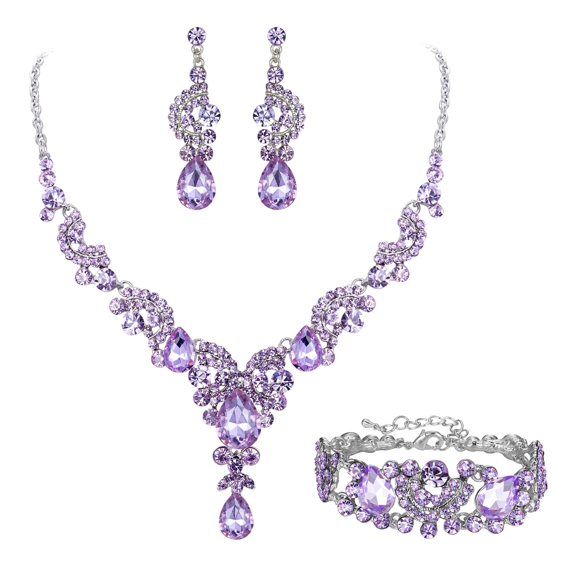 EVER FAITH Crystal Art Deco Floral Costume Prom Jewelry Set Light Purple