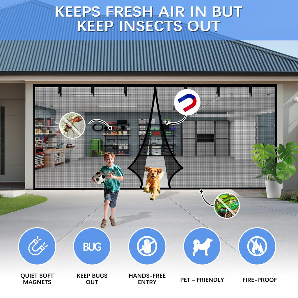 Garage Door Screen for 2 Car Garage 18x7FT, Magnetic Screen Garage with Retractable Fiberglass Mesh and Heavy Duty Weighted Bottom, Easy Assembly & Pass, Hands Free Screen Door Kit