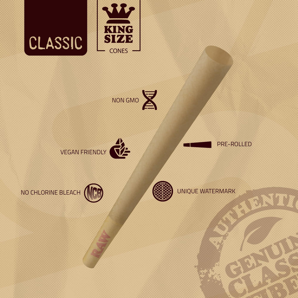 RAW Cones Classic King Size - 150 Pack - Slow Burning Pre Rolled Paper with Tips and Packing Tubes Included