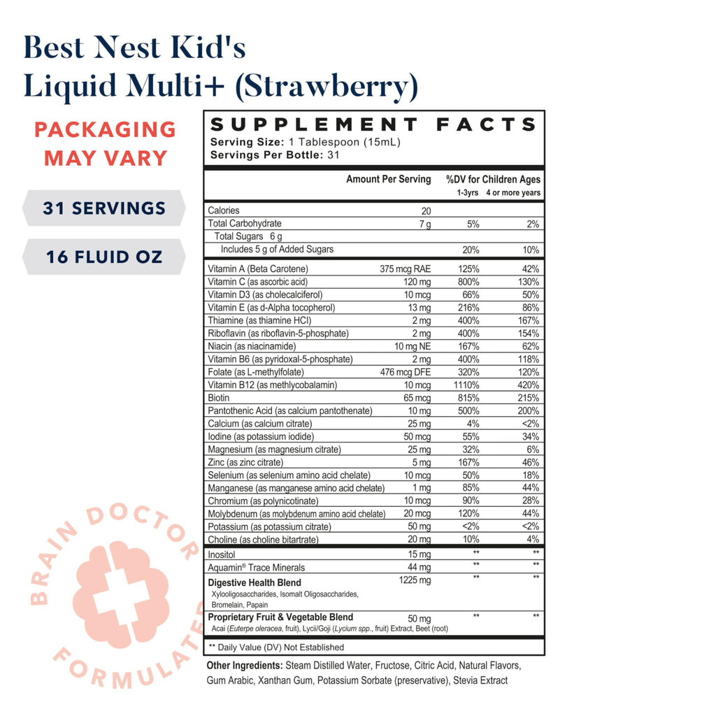Best Nest Liquid Multivitamins for Kids, Methylfolate, Methylated Vitamins, Whole Food Blend Vitamin, Vegan, Gluten Free, Non-GMO, Strawberry Flavor, 16 oz