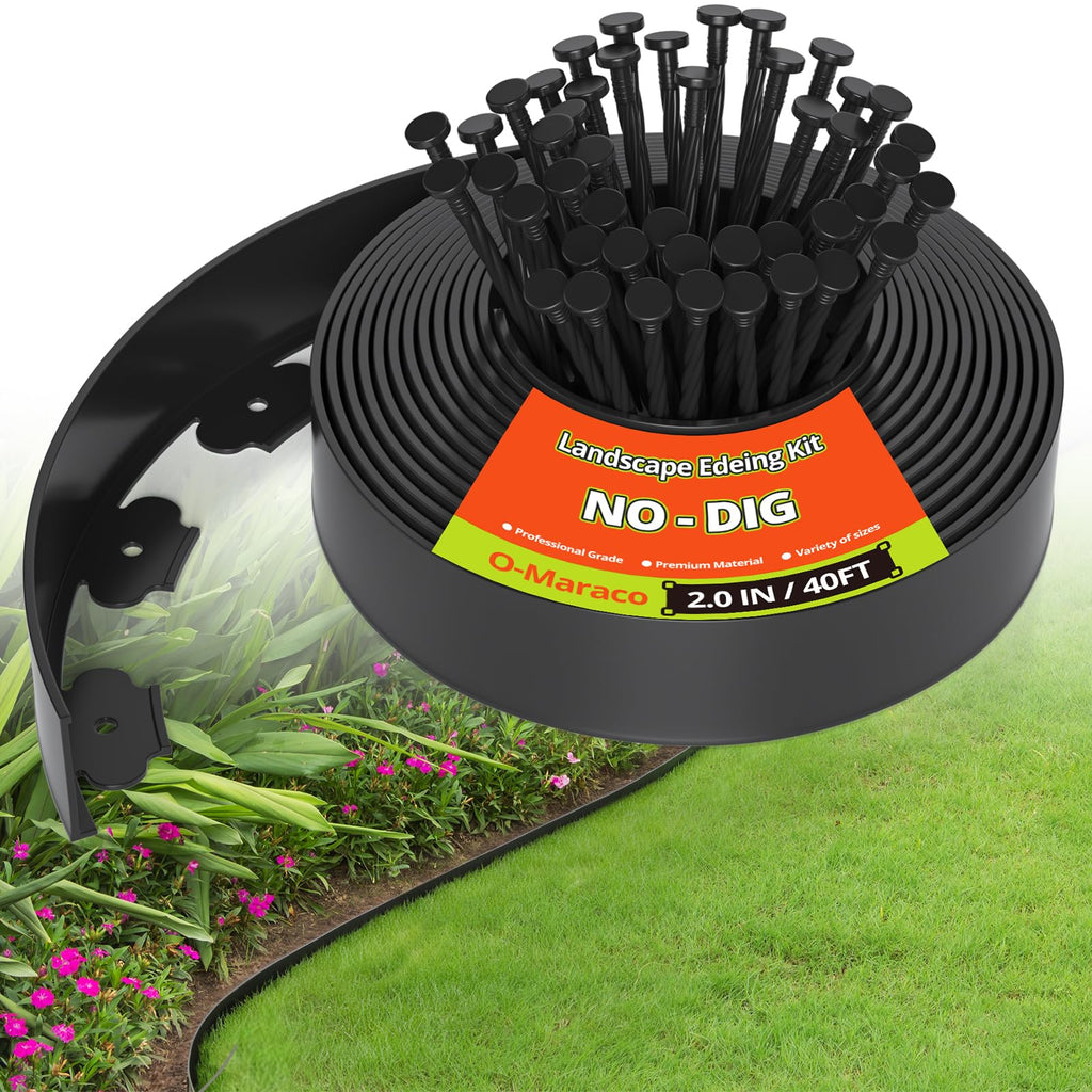 40FT Landscape Edging No-Dig, 2 Inch Tall Heavy Duty Plastic Garden Edging Border with 40 Anchoring Spikes for Lawn, Flower Bed & Decorative Yard