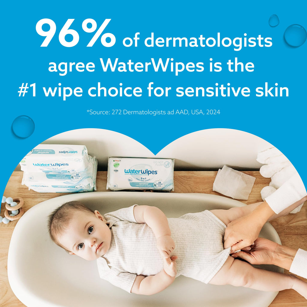 WaterWipes Sensitive+ Newborn & Baby Wipes, 3-In-1 Cleans, Cares, Protects, 99.9% Water, Unscented & Hypoallergenic, 300 Count (5 Packs)