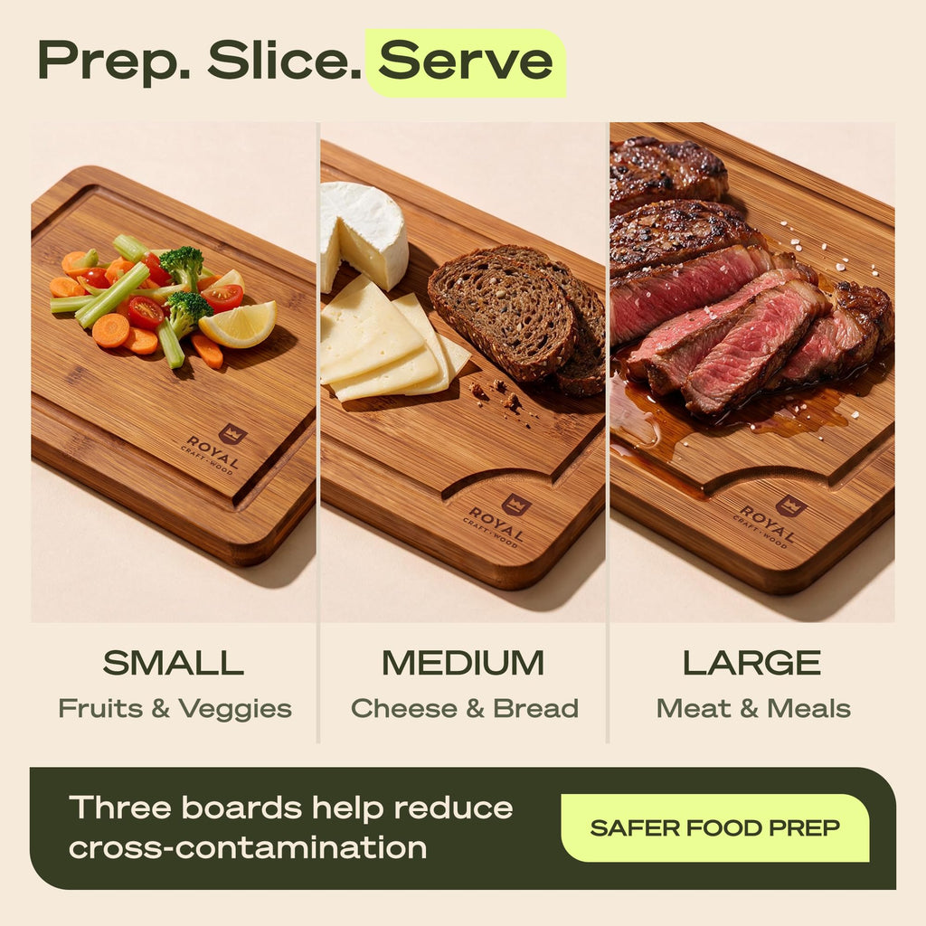 ROYAL CRAFT WOOD Wooden Cutting Boards for Kitchen Appliances - Non Toxic Bamboo Wood Cutting Board Set with Deep Juice Groove, Side Handles, Charcuterie & Butcher Block for Meat, Meal Prep & Serving