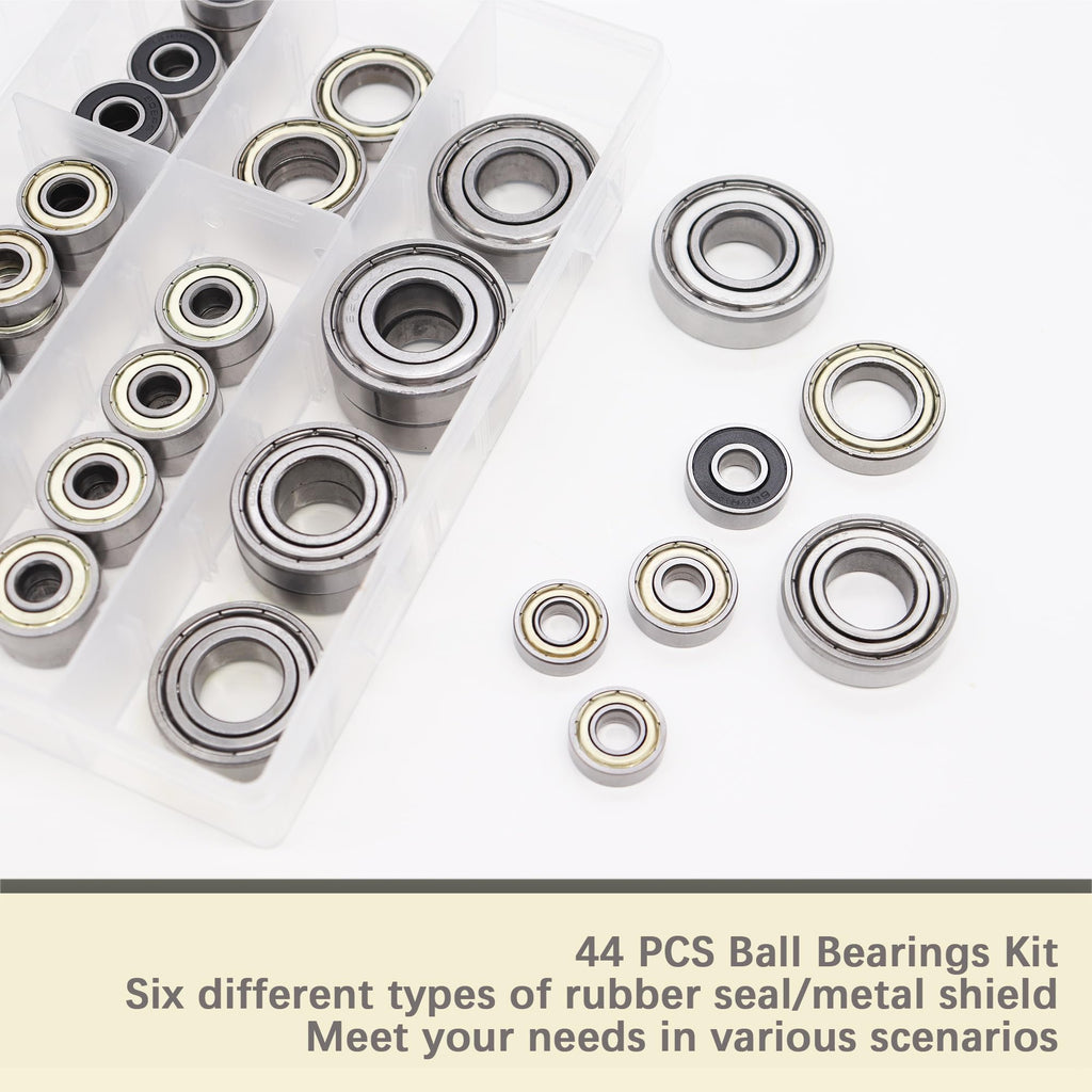 Dianrui 608RS/ 608ZZ/ 698ZZ/ 628ZZ/ 6903ZZ/ 6003ZZ/ 6203ZZ - 44 PCS Ball Bearings Assortment Kit, Carbon Steel Deep Groove Bearing for Furniture Wheel, Roller Skates, 3D Printing and ect—7 Size