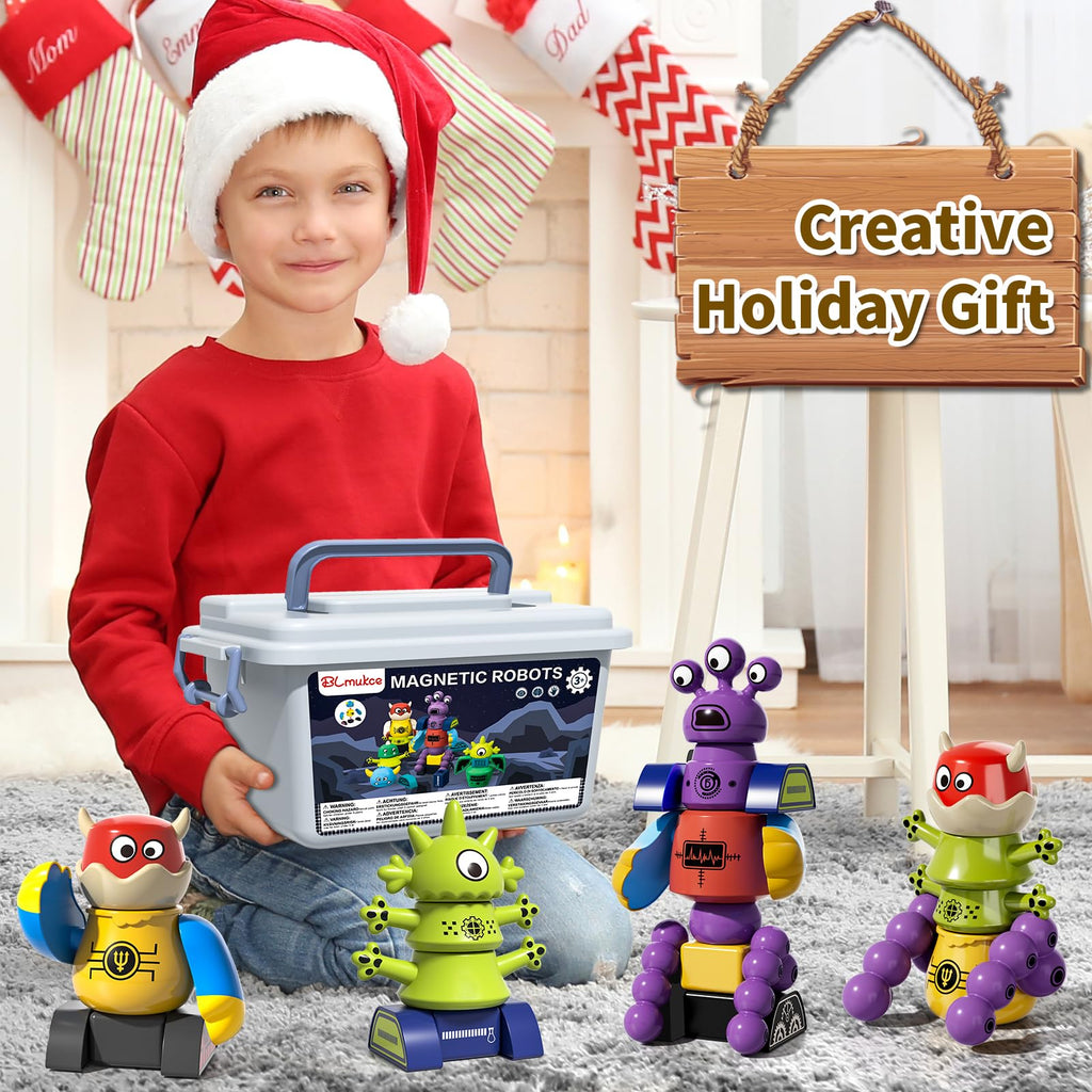 BLmukce Magnetic Robot Toy for Kids 3-5, 35 PCS STEM Educational Playset with Storage Box, DIY Stacking Monster Robots, Kids Creative Alien Toys Gift for Boys Girls (Christmas Birthday)