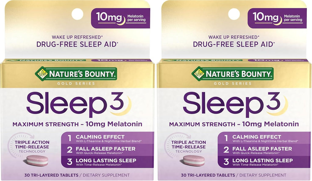 Nature's Bounty Melatonin, Sleep3 Maximum Strength 100% Drug Free Sleep Aid, L-Theanine & Nighttime Herbal Blend Time Release Technology, 10mg, 30 Tri-Layered Tablets (Pack of 2)