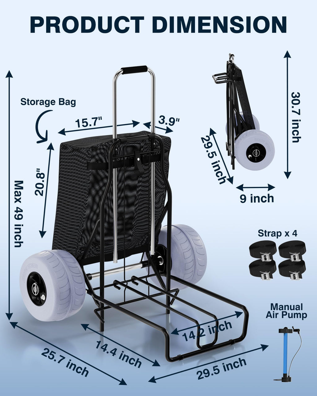 PYY Beach Cart for Sand - Foldable Wagon Dolly Buggy with Big Large Balloon Wheels, 200 LBS Capacity, 9" Rolling Tires, Collapsible Storage Bag for Outdoor Camping Shopping Fishing Gray