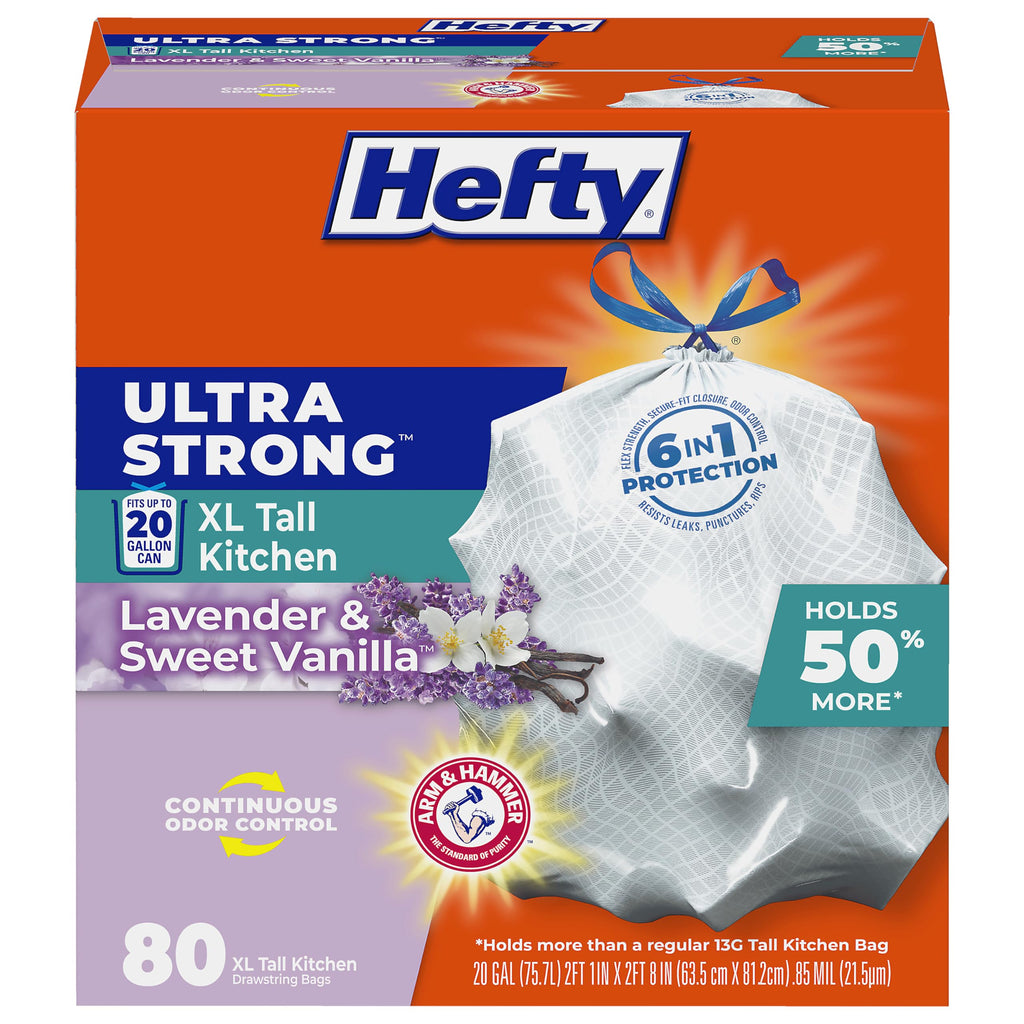 Hefty Ultra Strong 20 Gallon Trash Bags, XL Tall Kitchen Trash Bags 20 Gallon Size, Drawstring Closure, Continuous Odor Control, White, Lavender and Sweet Vanilla Scent, 80 Bags