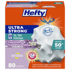 Hefty Ultra Strong 20 Gallon Trash Bags, XL Tall Kitchen Trash Bags 20 Gallon Size, Drawstring Closure, Continuous Odor Control, White, Lavender and Sweet Vanilla Scent, 80 Bags