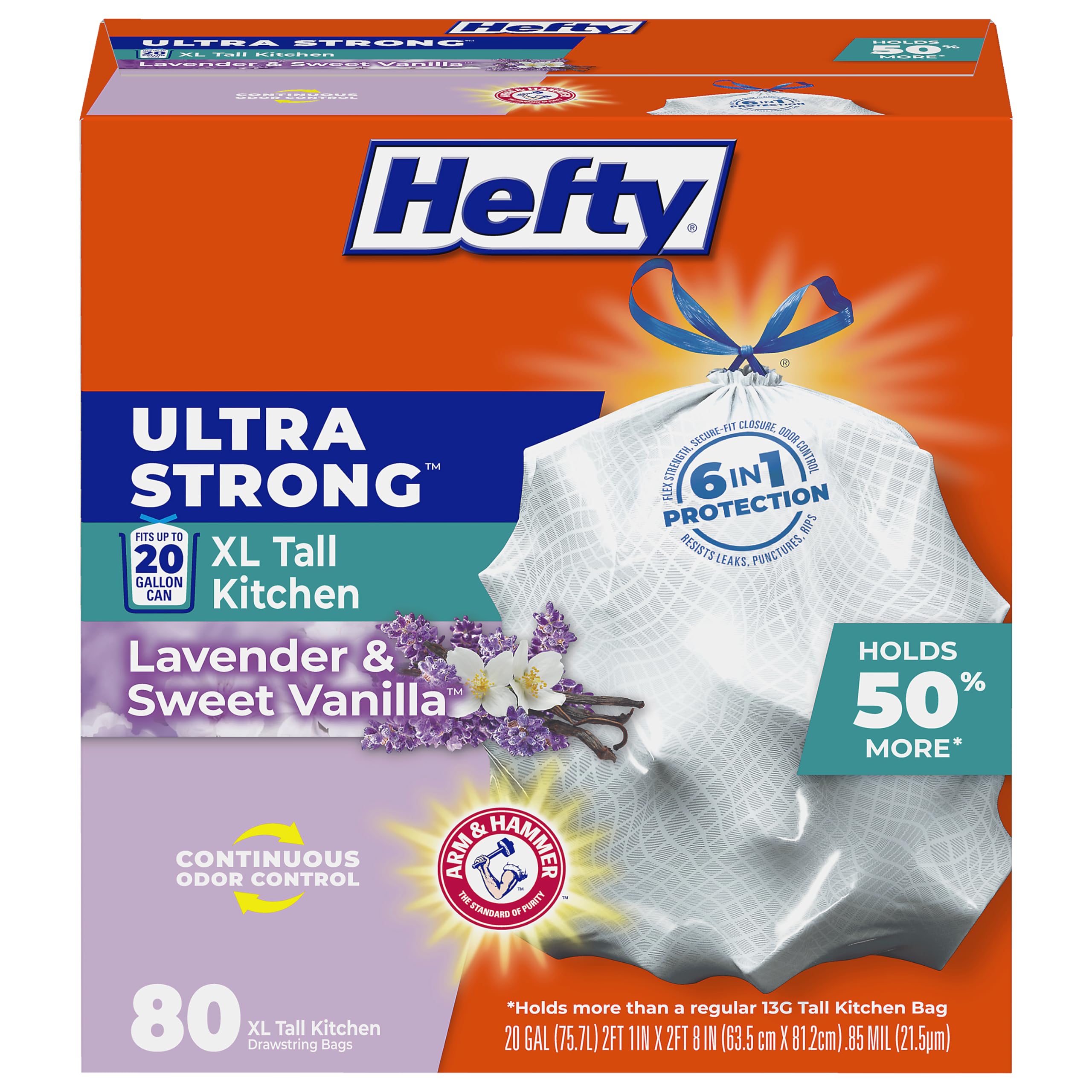 Hefty Ultra Strong 20 Gallon Trash Bags, XL Tall Kitchen Trash Bags 20 Gallon Size, Drawstring Closure, Continuous Odor Control, White, Lavender and Sweet Vanilla Scent, 80 Bags