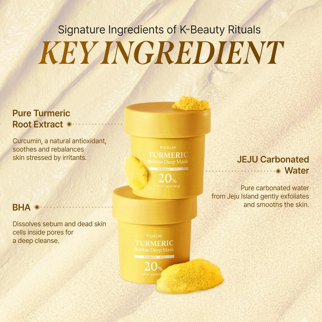 P.CALM Turmeric Bubble Deep Mask – Turmeric & Carbonated Water for Soothing Redness and Even Skin-Tone, Korean Clay to Bubble Wash-Off Pack, Stocking Stuffers (90g / 3.17 oz)