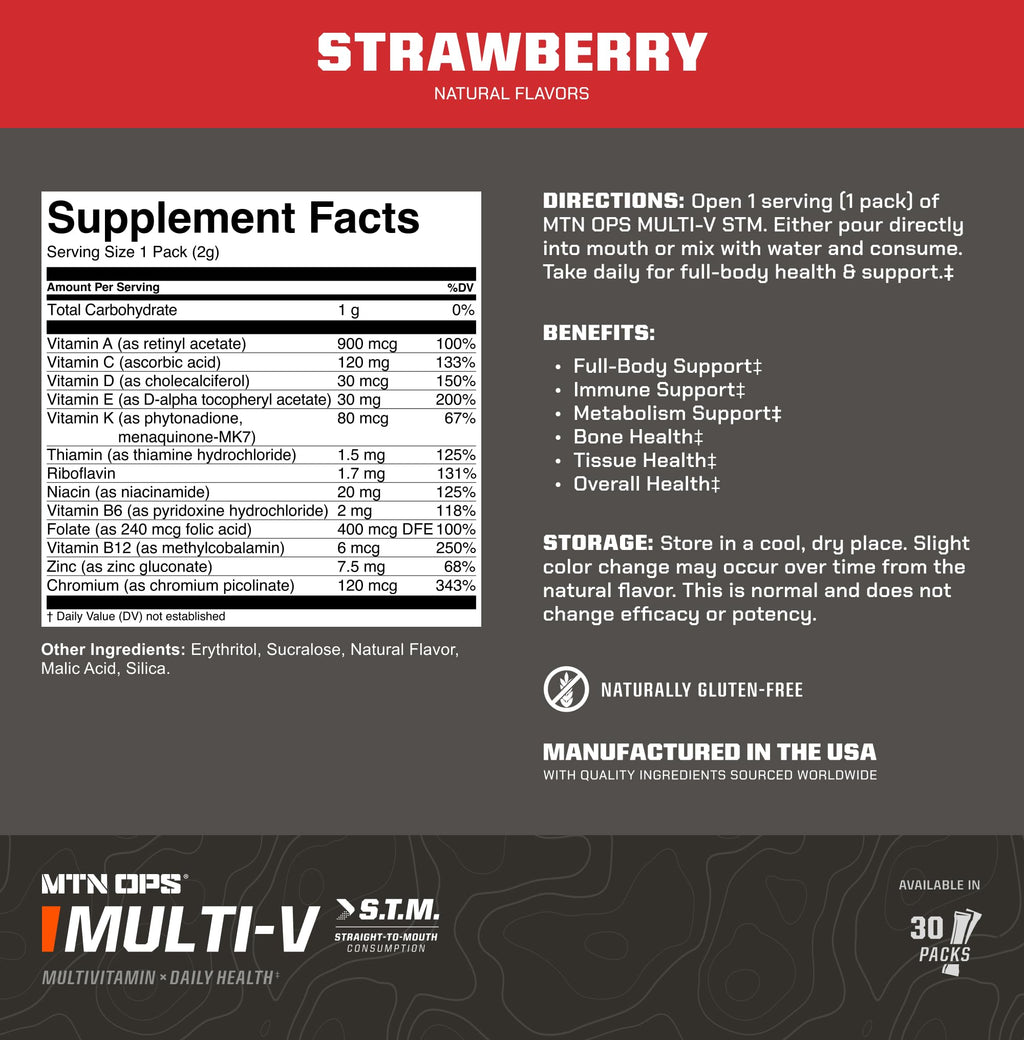 MTN OPS Multi‑V STM On‑the‑Go Daily Multivitamin for Men, Women & Kids – Straight‑to‑Mouth Vitamin C D3 B Zinc Packs – Gluten Free, Natural Flavors, 30 Servings