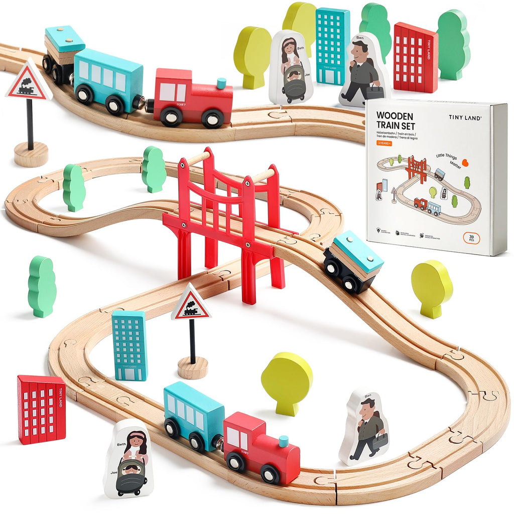 Tiny Land 39 Pcs Wooden Train Set for Toddler Ages3+ with Wooden Tracks