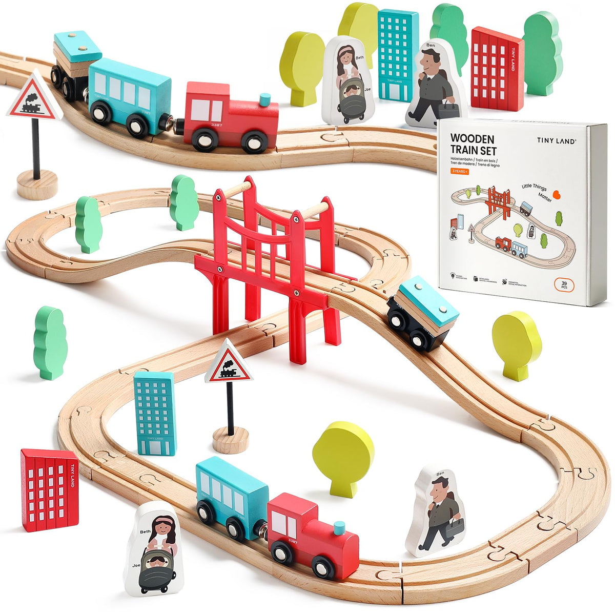 Tiny Land 39 Pcs Wooden Train Set for Toddler Ages3+ with Wooden Tracks