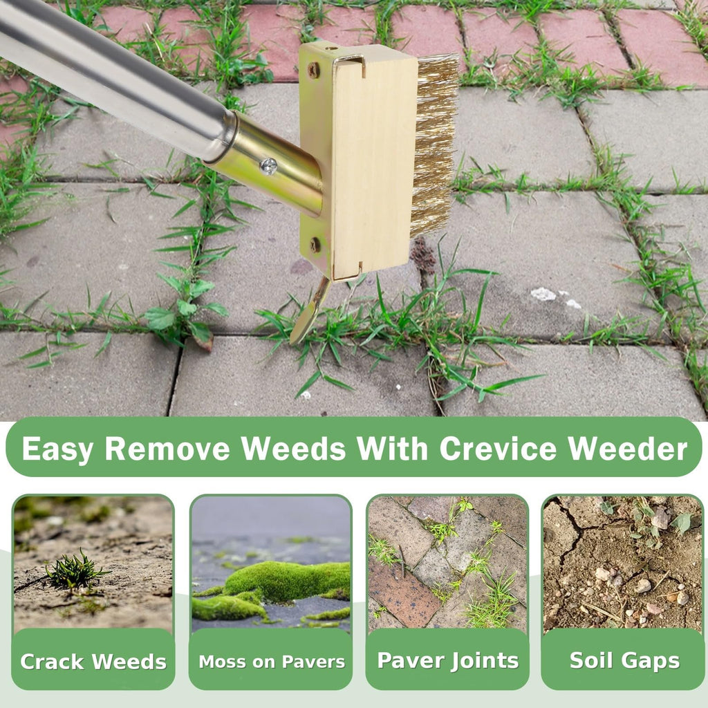 Juxifyron Crack Weeder, Moss Remover Tool, Manual Crevice Weeding Tool, Weed Puller Tool with 67-inch Long Handle for Deck, Paver, Patio, Walkway, Driveway - 2 Brush Heads 2026V