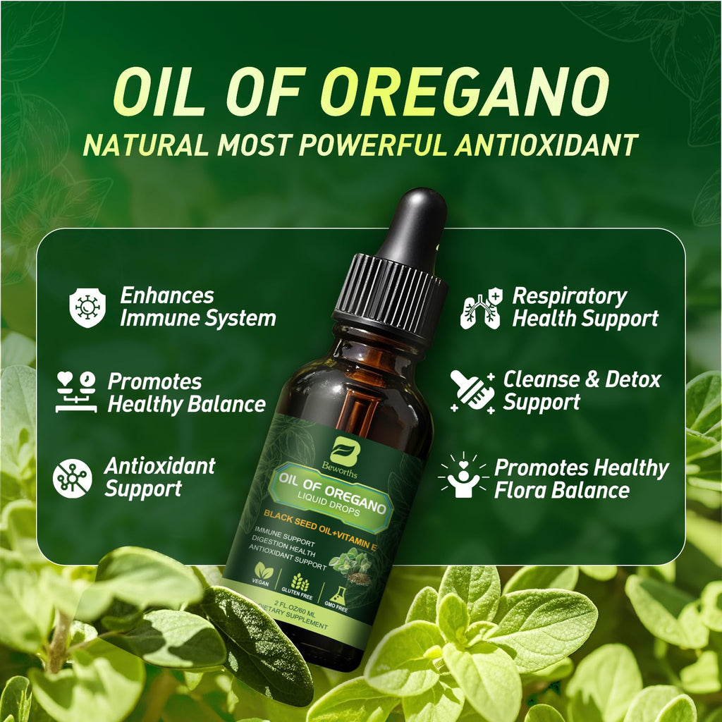 B BEWOTHS Organic Oregano Oil Drops | Oil of Oregano with Black Seed Oil, Vitamin E, 80% Carvacrol Oregano Drops for Immune, Antioxidant, Gut Detox Cleanser Support - Non-GMO, Vegan (240-day Supply)