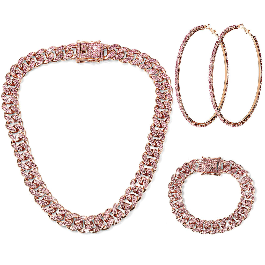 Batiyeer 3pcs Cuban Link Necklace Bracelet Set Women,18 Inch;Rose Gold Pink