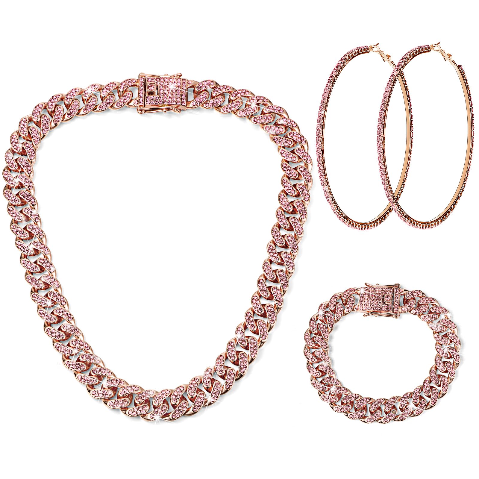 Batiyeer 3pcs Cuban Link Necklace Bracelet Set Women,18 Inch;Rose Gold Pink