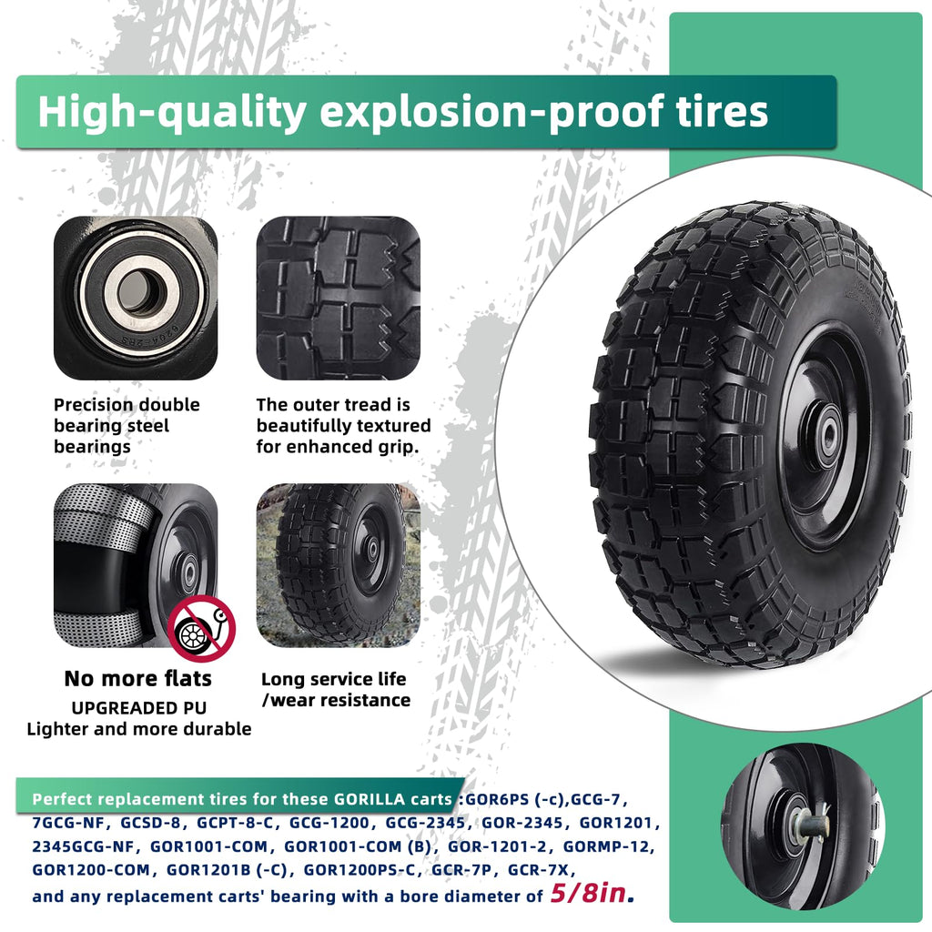 Kavedodu 12'' Flat Free Tires Rubber Replacement Solid Tire and Wheel Assemblies for Hand Trucks Garden Cart Wheelbarrow - 3.5”Wide Polyurethane Tires 2.1 Hub with 5/8 Inch Axle Borehole (410/350-6)